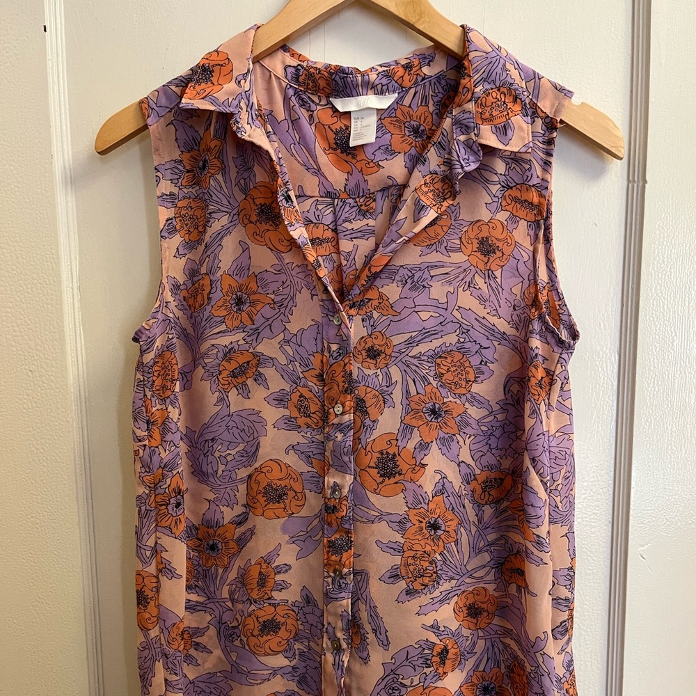 H&M Bright Floral Sleeveless Collar Blouse, Size 6